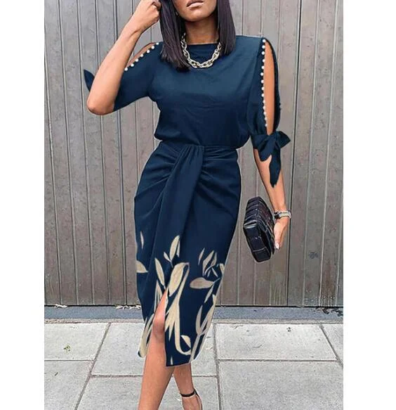 Spring Fashion Pleated Printed Elegant African Lady Office Career Dress Tunics Formal black