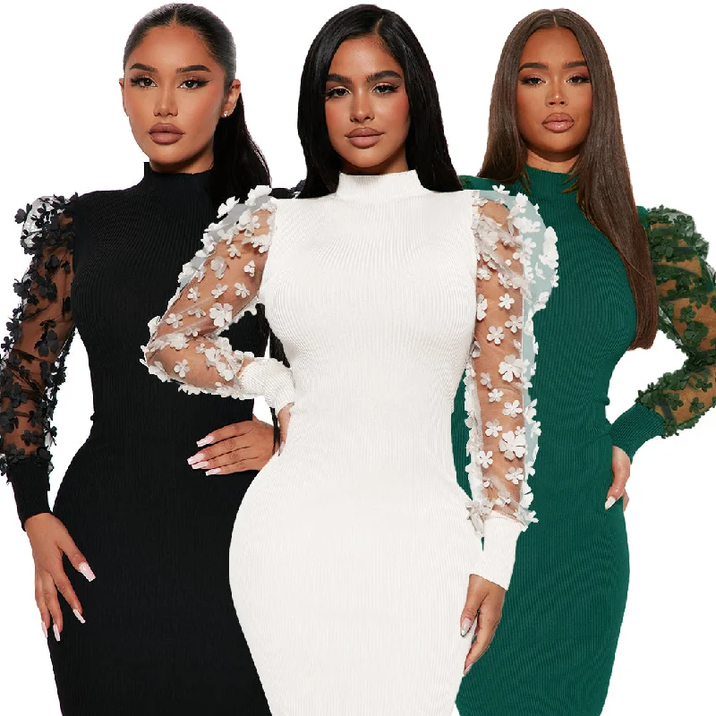 Foma 2022 fall round neck strap mesh sleeve 3d flower patchwork fashion elegant bodycon midi casual dress Tunics Plaid country