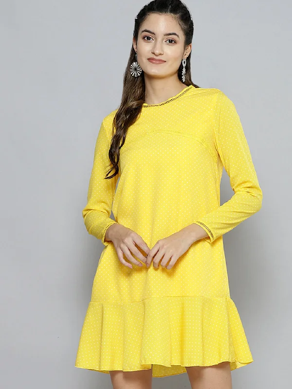 Women Yellow Pin Dot Frill Hem Dress Pencil Office Professional