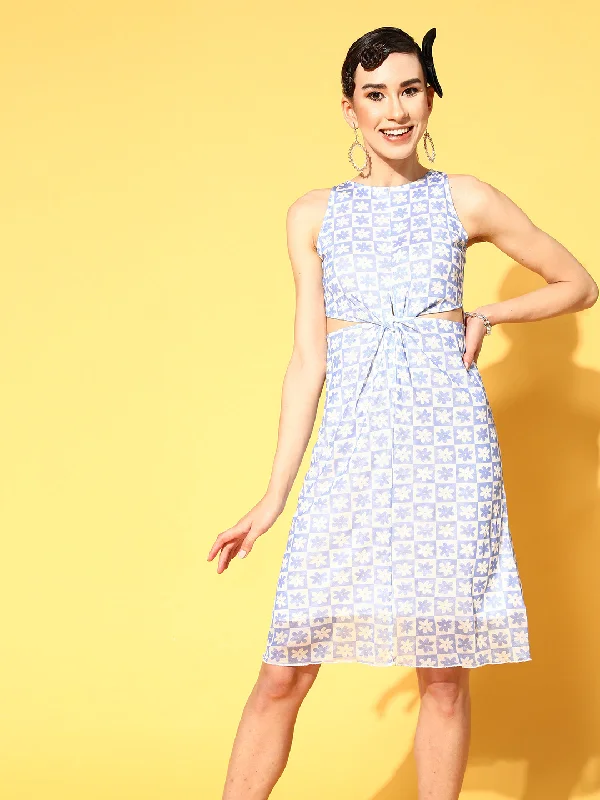 Women Blue & White Floral Front Twisted Dress Tunics Cozy soft