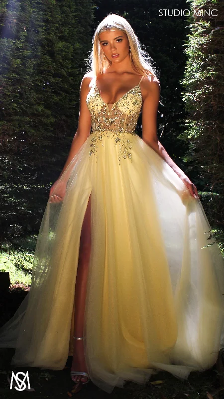 Lila - Light Yellow Formal dress | Sheer Beaded floral V neckline tulle gown Tunics Canvas sturdy
