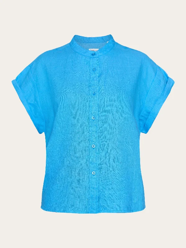 Collar stand short sleeve linen shirt - Malibu Blue-- Boxy Fit Fitted Loose