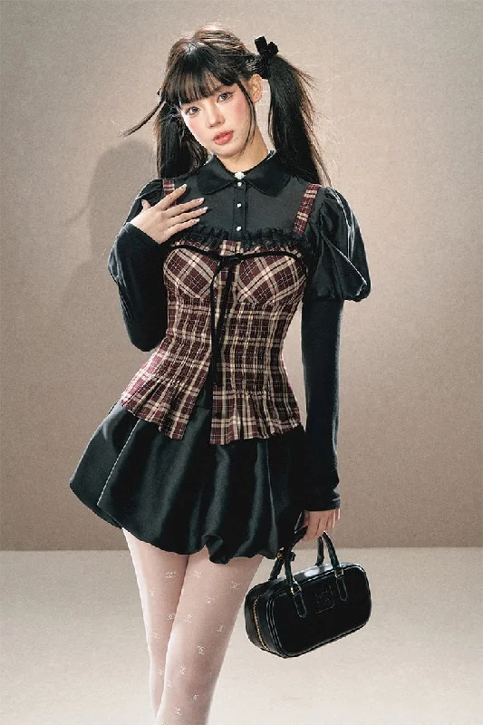 Plaid Suspender/Patchwork Shirt/High Waist Short Skirt UND0003-- Mesh Blend Leather Blend Suede Blend Plaid Suspender/Patchwork Shirt/High Waist Short Skirt UND0003-- Mesh Blend Leather Blend Suede Blend