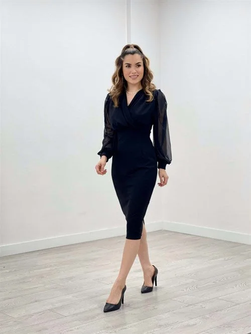 Crepe Fabric Arms Tulle Pen Dress - Black Tunics Chic elegant