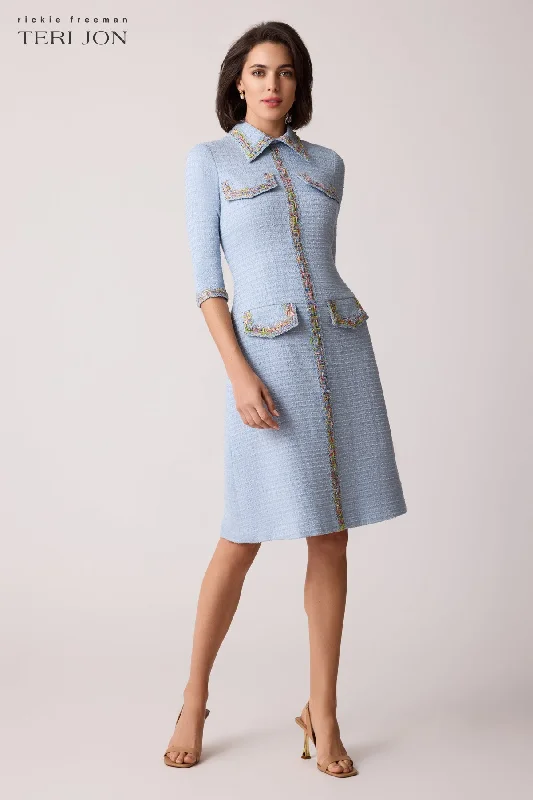 Boucle Ribbon Trim Shirt Collar Dress Tunics Leisure comfortable