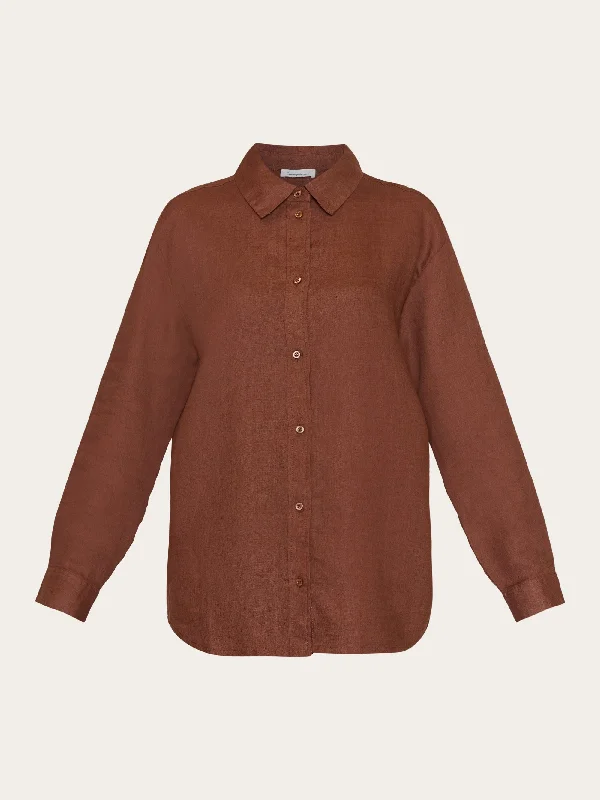 Loose linen long sleeved shirt - GOTS/Vegan - Tiramisu-- Asymmetrical Pockets Print
