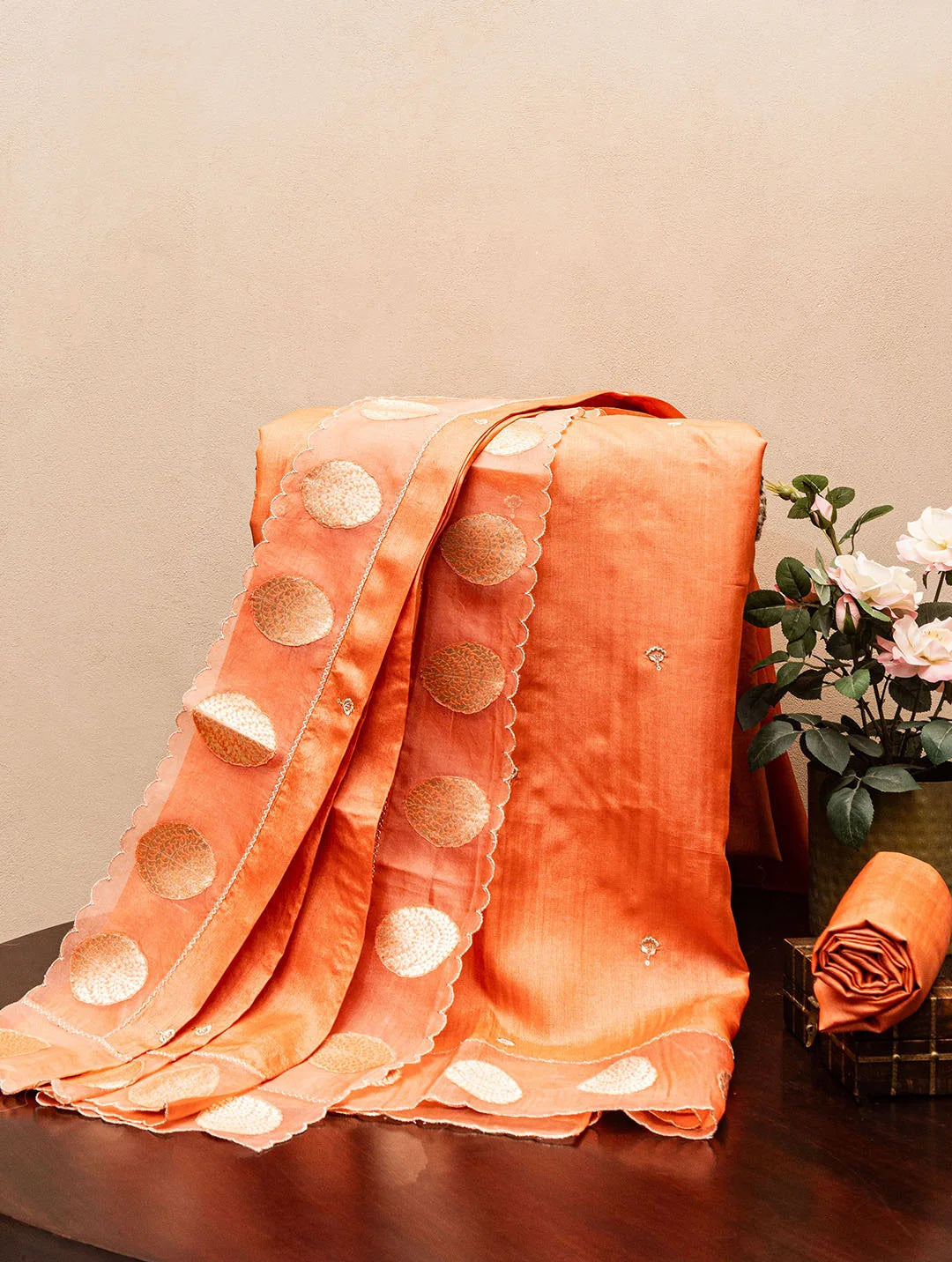 Embroidered Rust Tussar Silk Dress Material Tunics Lace romantic