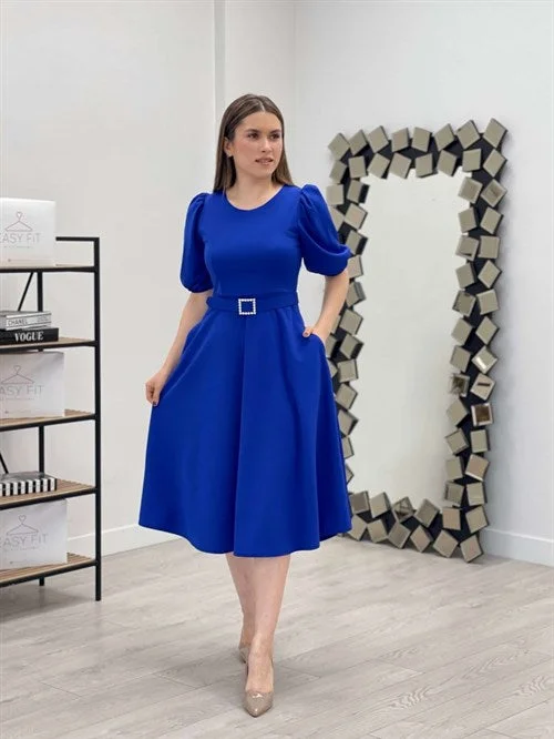 Crepe Fabric Belt Detailed Dress - Saks Blue Tunics Spring floral