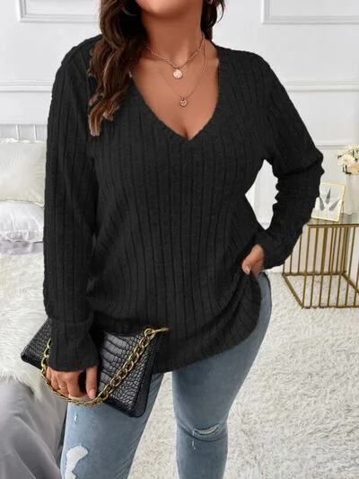 Plus Size V-Neck Long Sleeve T-Shirt-- Elasticated Padded Insulated