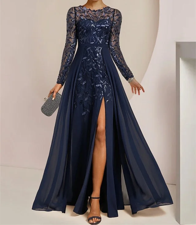 A-Line/Princess Scoop Long Sleeves Floor-Length Mother of the Bride Dresses with Split Side, Ruffles & Sequins Tunics Chinos classic