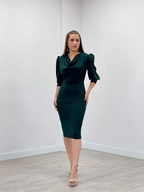 Crepe Fabric Degaje Collar Pen Dress - Emerald Green Tunics Favorite customer