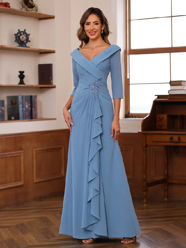 Sheath/Column V-Neck 3/4 Length Sleeves Floor-Length Unique Mother of the Bride Dresses with Ruffles & Appliques Tunics Review highly