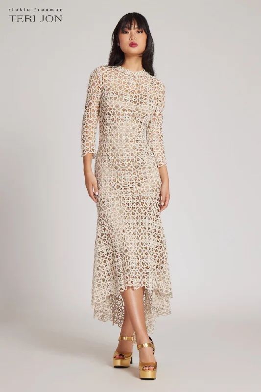 Stretch Crochet 3/4 Sleeve High Low Hem Dress Tunics Satin smooth