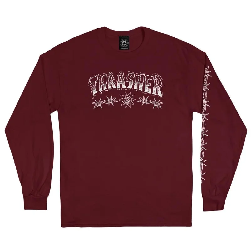 Thrasher Long Sleeve T-Shirt Barbed Wire - Maroon-- Fashionable Trendy Casual