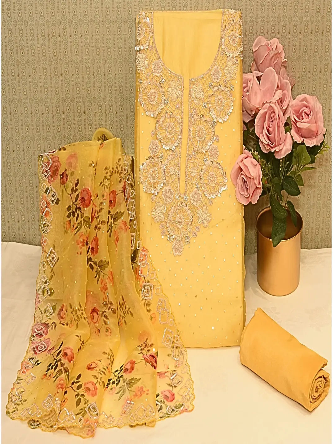 Mustard Yellow Organza Dress Material Tunics Versatile functional