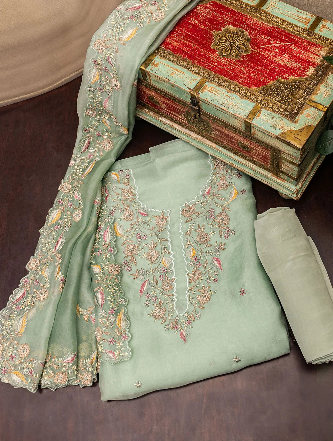 Sage Green Organza Dress Material Boatneck Modish Everyday