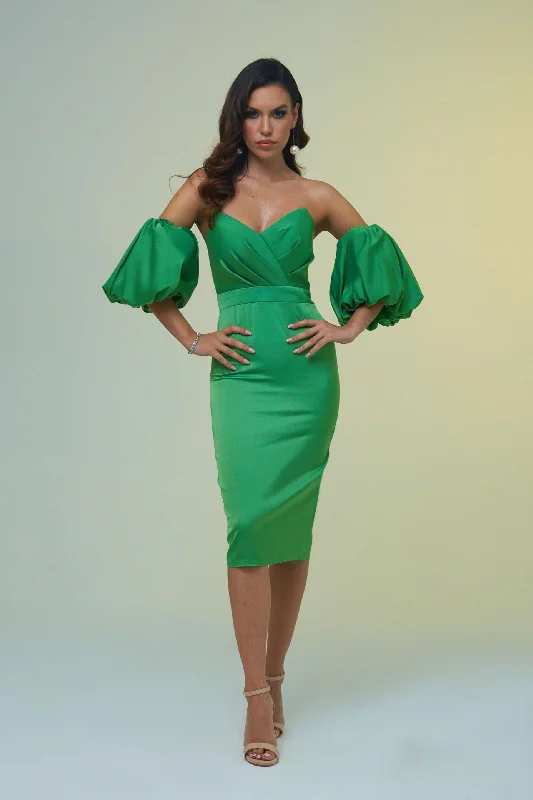 Angelino Green Satin Balloon Sleeve Short Evening Dress Tunics Luxurious high-end