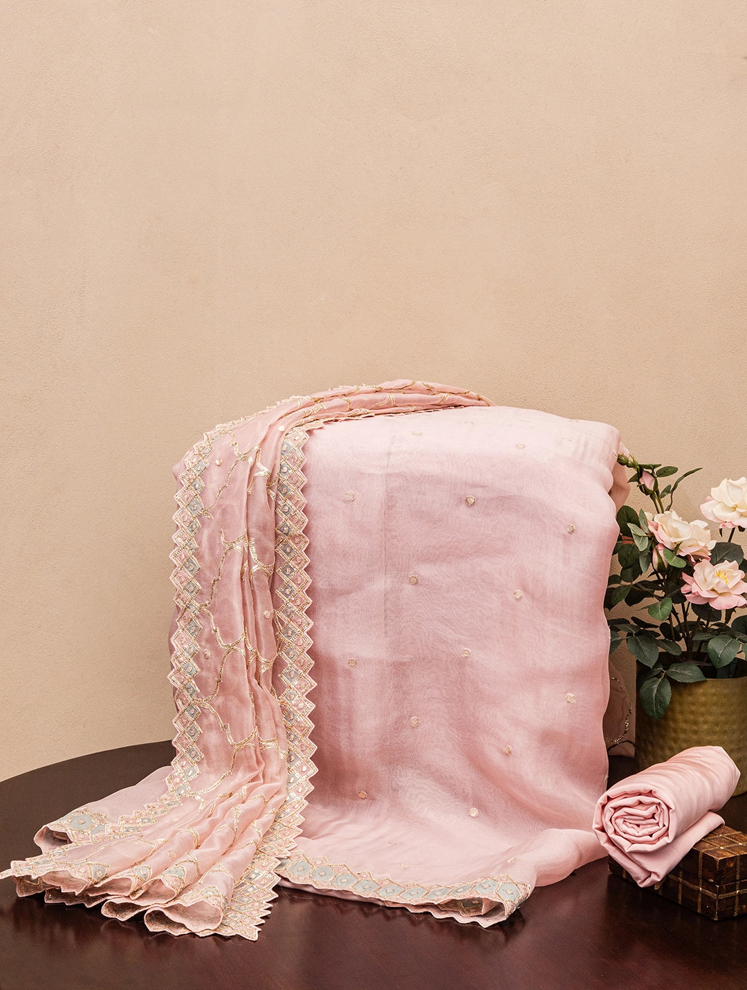 Embroidered Baby Pink  Dress Material Shift Classic Vintage