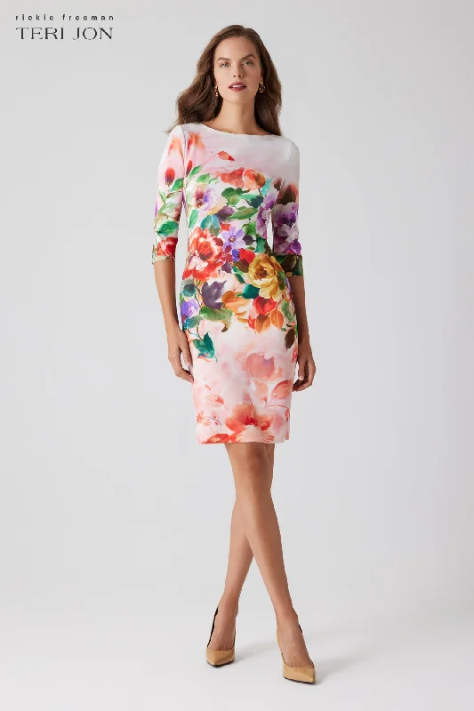 Scuba Floral 3/4 Sleeve Daytime Dress Tunics Lace romantic