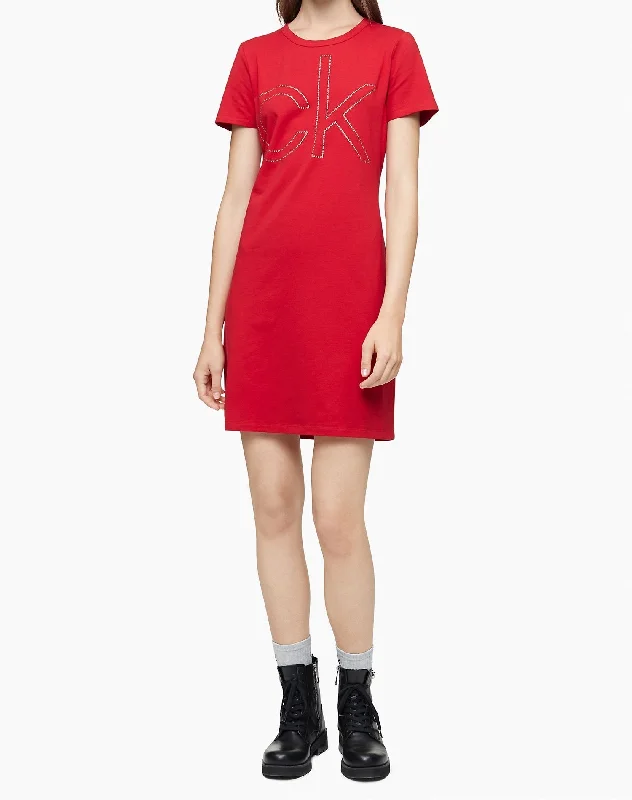 Calvin Klein Rhinestone Logo Short Sleeve T-Shirt Dress - Women-- Solid Print Embellished Calvin Klein Rhinestone Logo Short Sleeve T-Shirt Dress - Women-- Solid Print Embellished