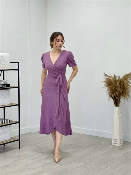 Imported Silvery Fabric Belt Detailed Midiboy Dress - Powder Tunics Long Elegant