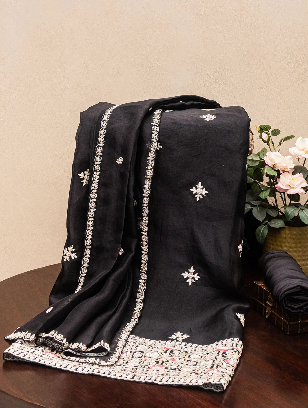 Embroidered Organza Black  Dress Material Tunics Yoga stretchy
