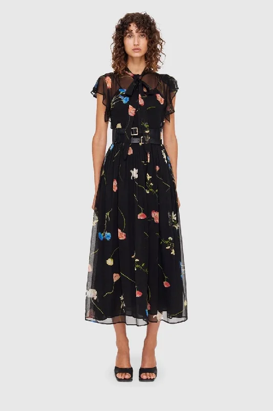 Leo Lin The Fields Flutter Sleeve Dress - Black Multi Tunics Chic elegant