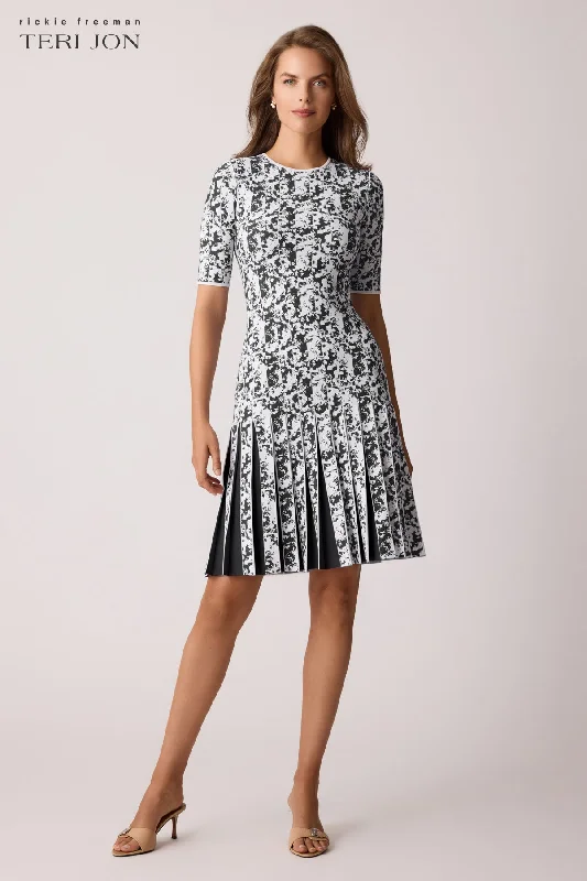 Double Knit Print Box Pleat Hem Dress Tunics Winter warm