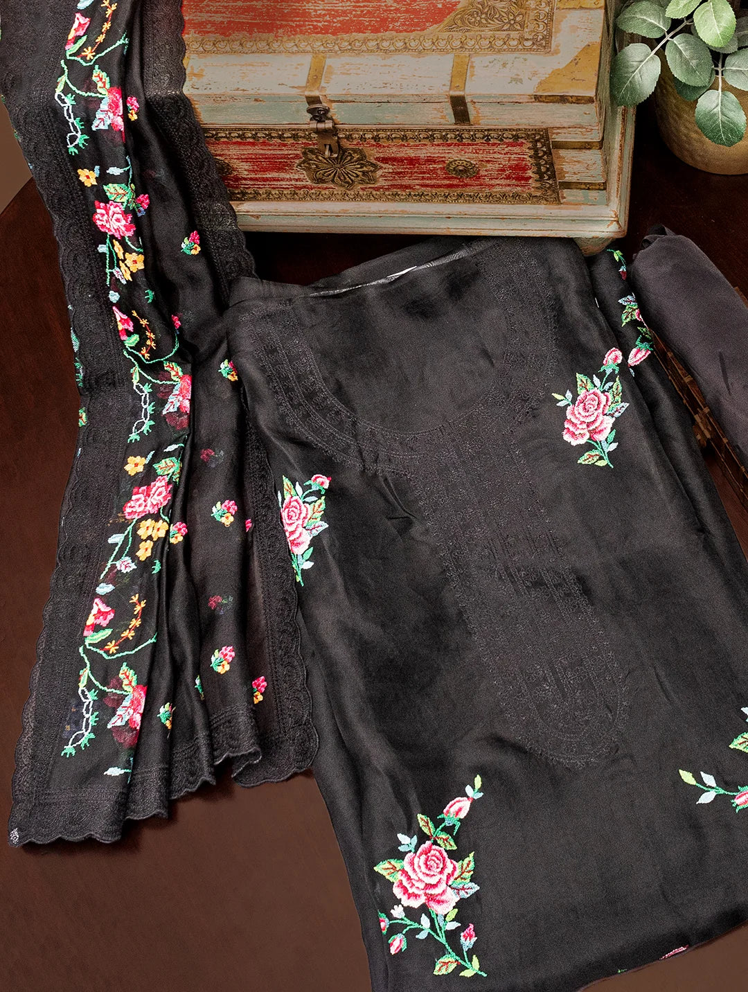 Embroidered Black Organza Dress Material Turtleneck Warm Winter