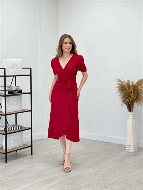 Imported Silvery Fabric Belt Detailed Midiboy Dress - Red Tunics stripes playful