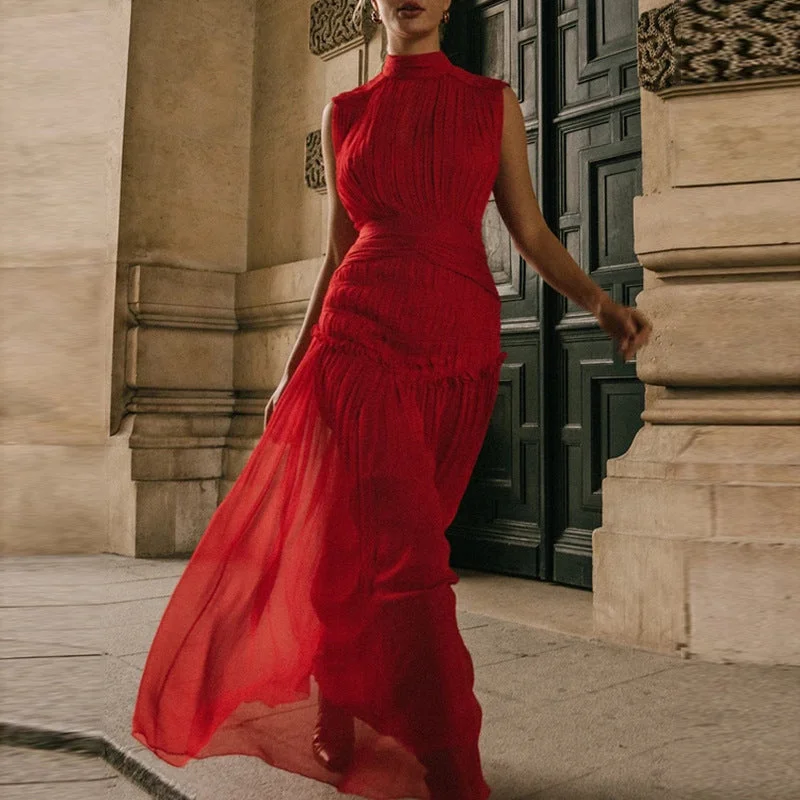2022 Pleated elegant chiffon waist sleeveless mid-length dress wedding evening dresses women lady elegant Tunics Sale discount
