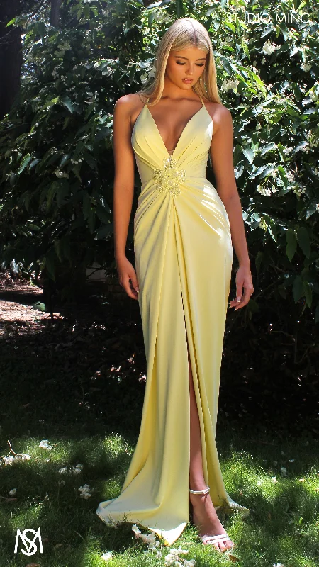 Bloom - Light Yellow Formal dress | Plunge V neckline draping floral pearl detail Tunics Occasion special