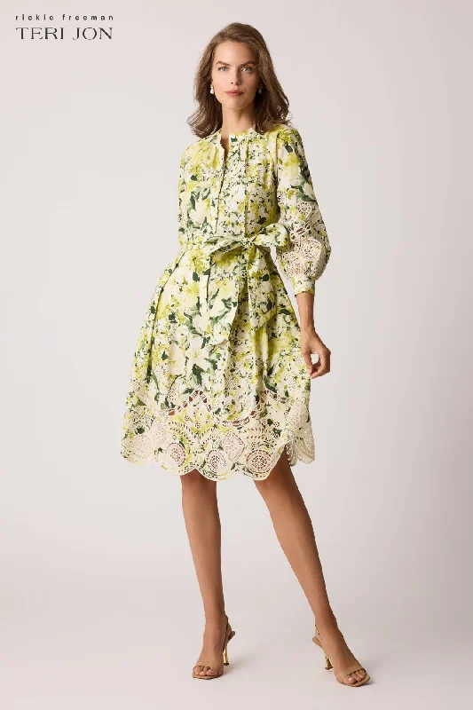 Cotton Print Eyelet Trim Dress Tunics Business professional