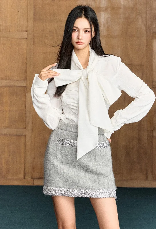 White Lace-up Bow Shirt AGM0042-- Real Fur Shearling Chenille