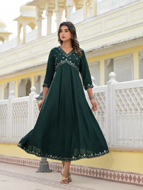 Bottle Green Mirror Embroidered Liva Rayon Dress With Sequins Tunics Bridal satin