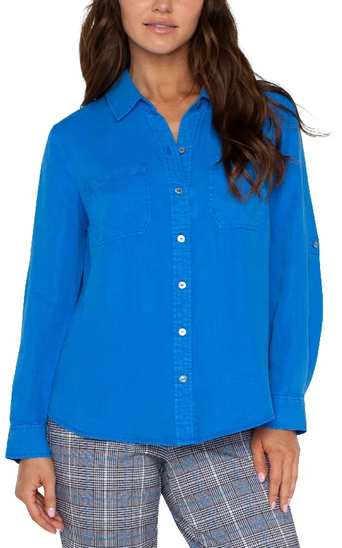 ROLLED SLEEVE BUTTON DOWN WOVEN SHIRT-- Silk Blend Satin Velvet