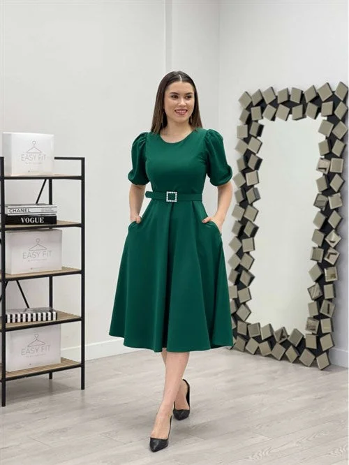 Crepe Fabric Belt Detailed Dress - Emerald Green Tunics Ceremony elegant