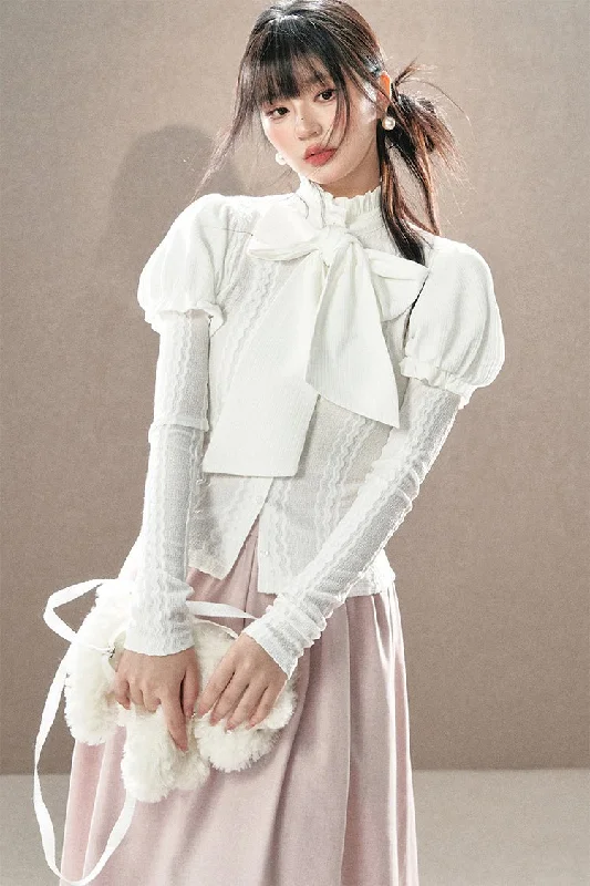 White Bow Puff Sleeve Knitted Shirt UND0001-- Silk Blend Satin Velvet