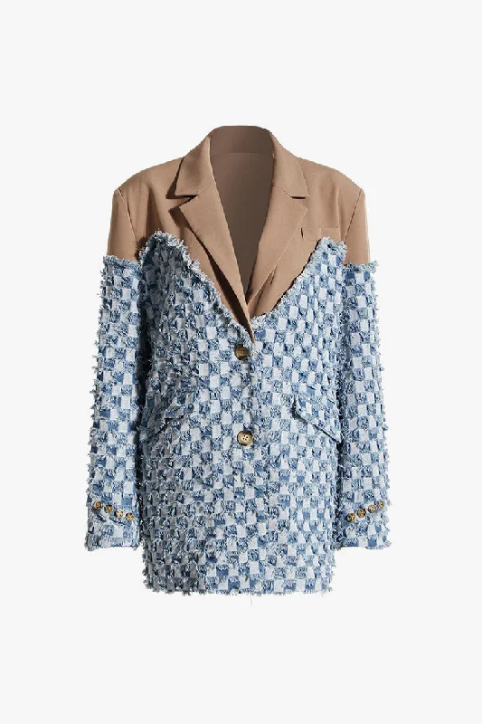Eclectic Lapel Single Breasted Oversize Frayed Plaid Spliced Denim Blazer Women's Classic Blazer Eclectic Lapel Single Breasted Oversize Frayed Plaid Spliced Denim Blazer Women's Classic Blazer