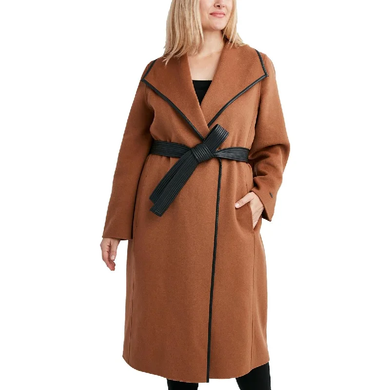 Tahari Womens Plus Wool Blend Long Trench Coat Tailored Straight A-Line