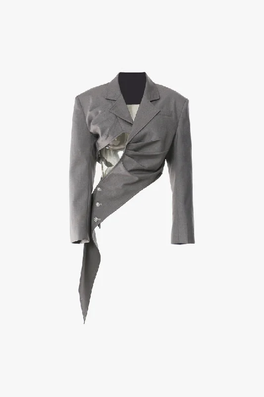 Asymmetrical Lapel Padded Shoulder Ruched Cut Out Pearl Button Blazer Slimming Women's Blazer