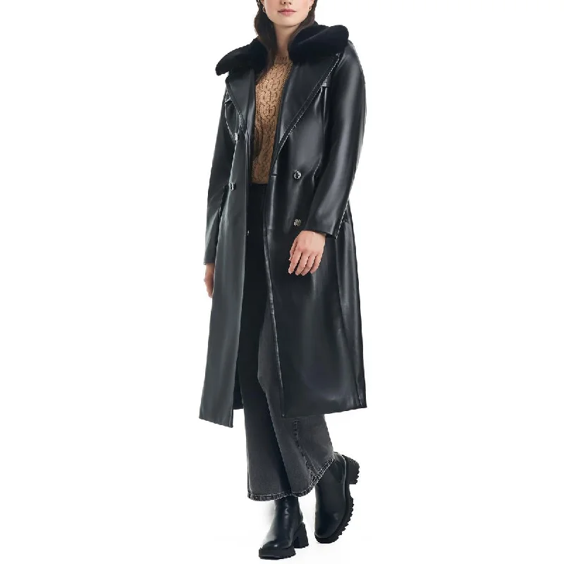 Vince Camuto Womens Faux Leather Long Trench Coat Embroidered Appliqued Beaded