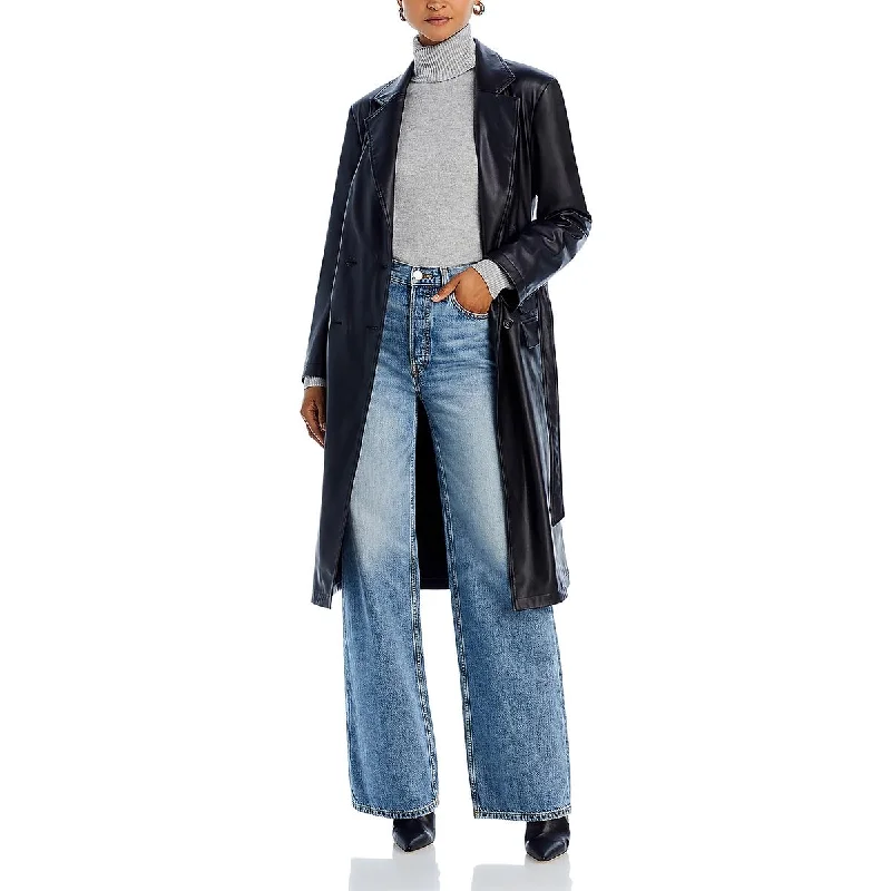 EmRata x AG Womens Valentina Vegan Leather Belted Trench Coat Denim Leather Suede