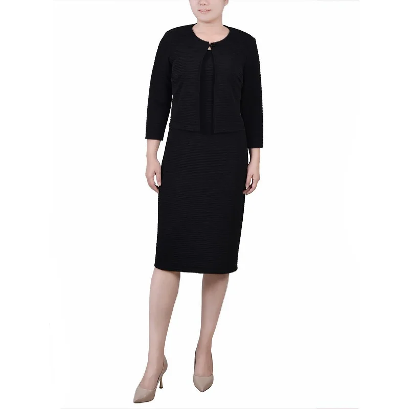 NY Collection Womens Petites Textured Button Collarless Blazer Women's Navy Jacket