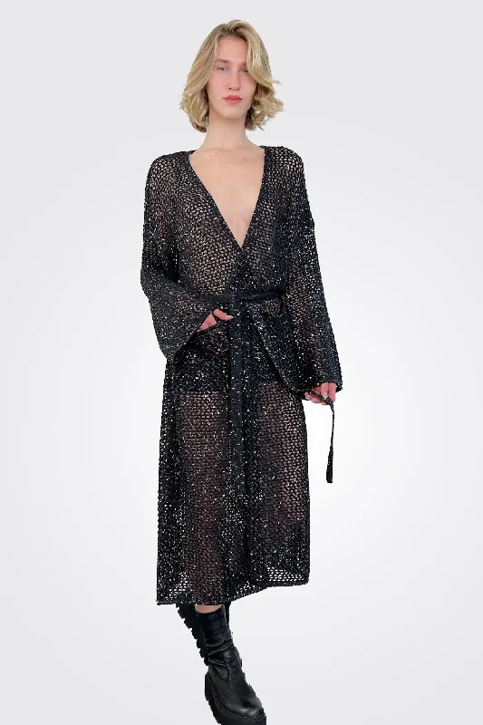 Kiah Knitted Coat - Black Tweed Herringbone Houndstooth