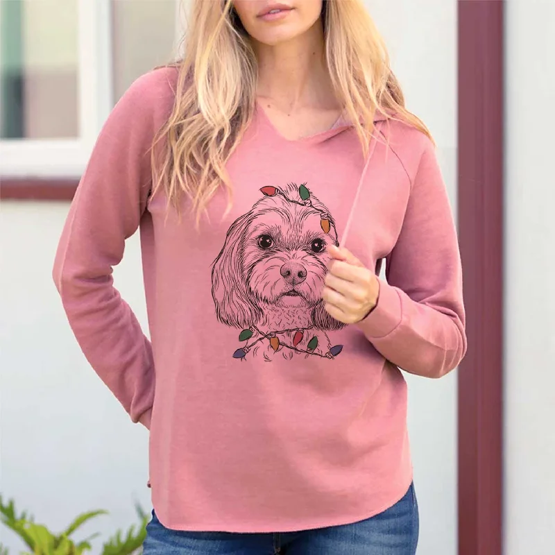 Christmas Lights Jasper Diggins the Cavapoo - Cali Wave Hooded Sweatshirt Hoodie with Hem Raw Edge Edgy Unfinished Christmas Lights Jasper Diggins the Cavapoo - Cali Wave Hooded Sweatshirt Hoodie with Hem Raw Edge Edgy Unfinished