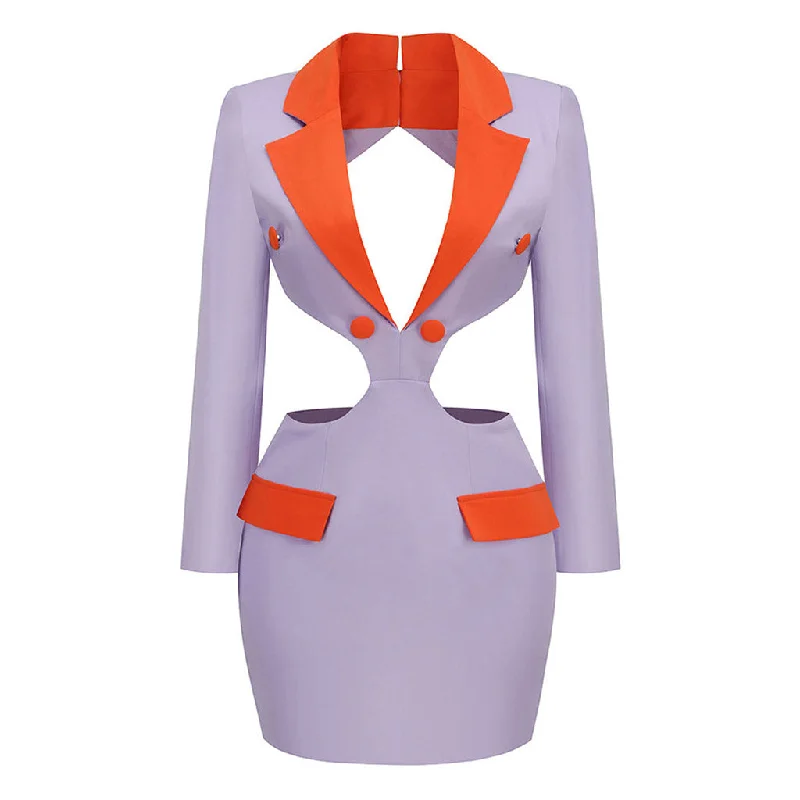 Contrast Lapel Collar Deep V Cut Out Backless Tailored Mini Blazer Dress Women's Elegant Suit Contrast Lapel Collar Deep V Cut Out Backless Tailored Mini Blazer Dress Women's Elegant Suit