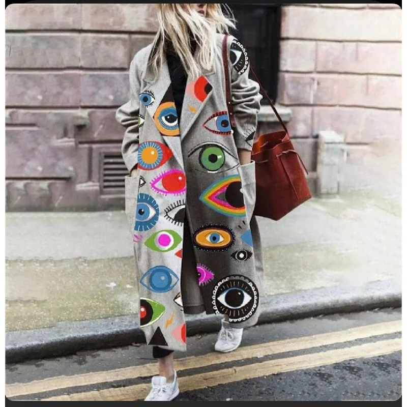 Pockets Fashion Print Long Coat Elasticated Drawstring Belted
