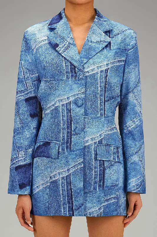Silky Satin Denim Print Lapel Long Sleeve Button Up Bow Tie Cutout Blazer Women's Elegant Suit