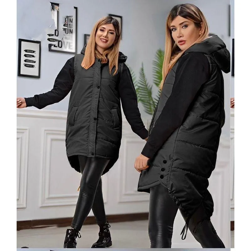 Sleeveless Side button Long Bomber Coat Knit Woven Fleece